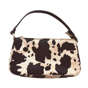 Frasier Sterling Hair On Vegan Shoulder Bag in Champagne/Black Cow Print